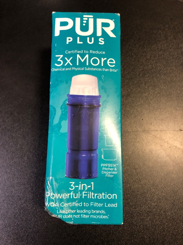 Photo 1 of PUR PLUS Lead Reducing Water Pitcher and Dispenser Replacement Filter 1-Pack, NSF and WQA Certified – Compatible with all PUR brand Pitchers and Dispensers, Blue, PPF951K1
