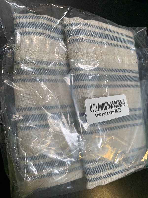 Photo 1 of jinchan Striped Linen Kitchen Curtains 36 Inch Cafe Tier Curtains Balanced Stripe Farmhouse Small Drapes for Bathroom Laundry Over Sink Half Window Light Filtering 2 Panels Blue on Beige