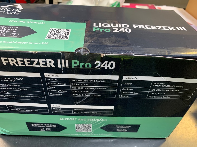 Photo 1 of ARCTIC Liquid Freezer III Pro 240-240 mm AIO CPU Cooler, Water Cooling, 38 mm Radiator, PWM Pump, VRM Fan, AMD AM5/AM4, Intel LGA1851/1700 Contact Frame - Black