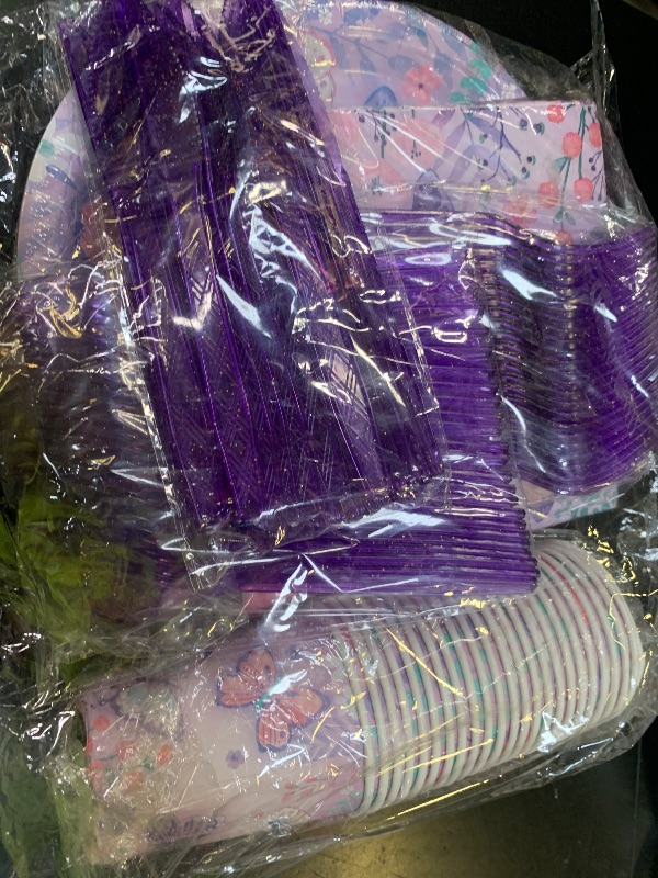 Photo 1 of 168pcs Butterfly Party Decorations Purple Butterfly Plates and Napkins Tableware Set Disposable Paper Cups Flower and Butterfly Birthday Party Supplies for Kids Birthday Decor Serves 24 Guest
