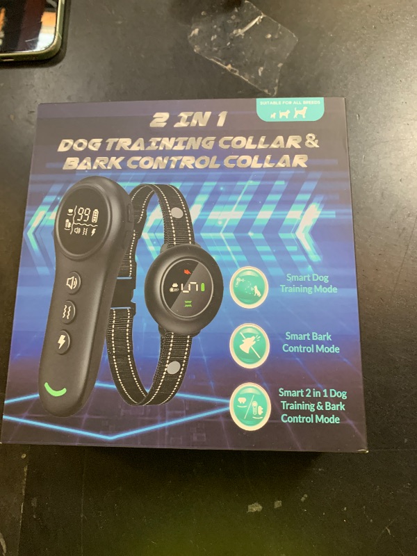 Photo 1 of 2-in-1 Dog Shock Collar & Dog Bark Collar - Smart Anti Barking Dog Training Collar with 5 Adjustable Sensitivity & 3300FT Remote for All Breeds IP67 Waterproof Rechargeable E-Collar (Green)