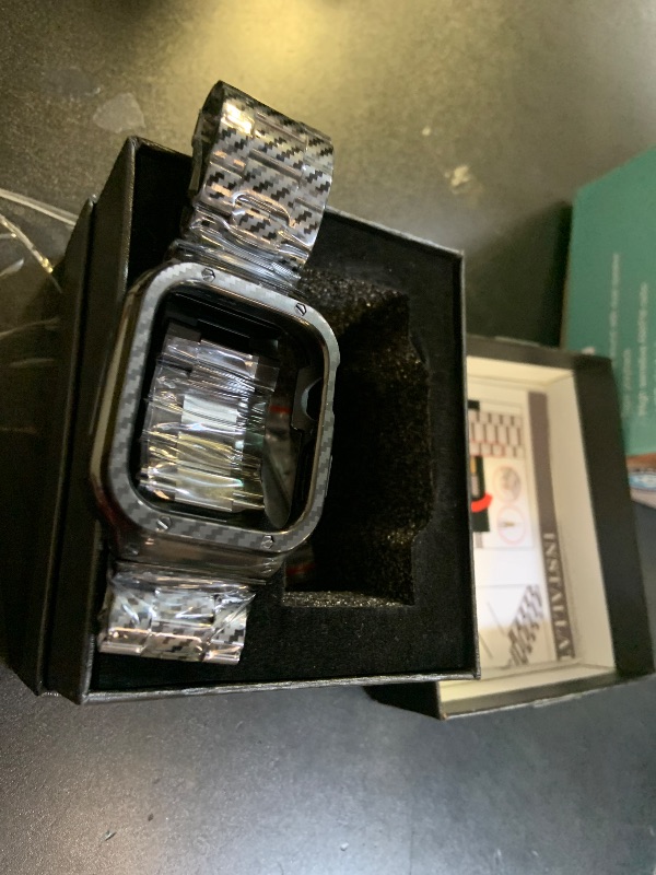 Photo 1 of MioHHR Stainless Steel Band and Case Compatible with Apple Watch Band 44mm 42mm (Series 3/2/1), Men Metal Protective Bumper Cover for iWatch Series 6/5/4/3/2/1/SE/SE2/SE3, Black Pattern