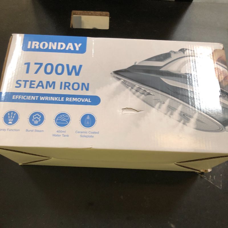 Photo 1 of IRONDAY Steam Iron for Clothes Rapid Heating, 1700W Iron with Non-Stick Ceramic Soleplate, 3-Way Auto-Off, Burst of Steam, Self-Cleaning, 14.07oz Water Tank Ironing Clothes for Home, Grey