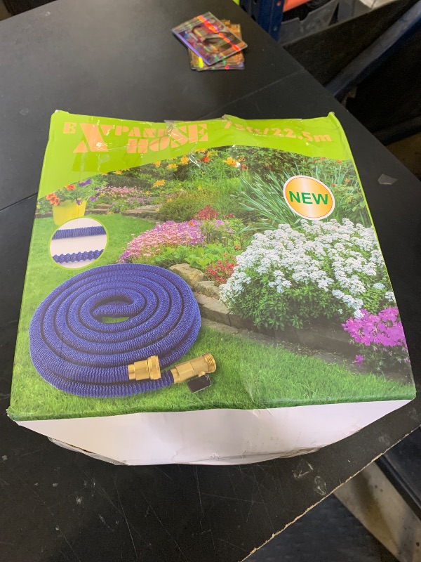 Photo 1 of Expandable Garden Hose 75 ft Water Hose with 10 Function Spray Nozzle, Lightweight Flexible Hose with 3/4 Inch Solid Fittings and 3-Layer Latex Core, 75ft Retractable Stretch Hose (Black & Blue)