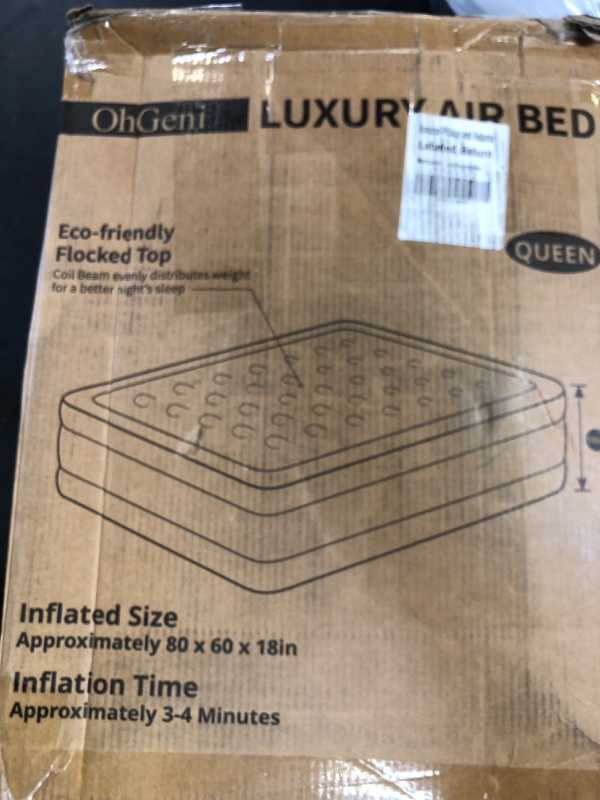 Photo 1 of OhGeni Queen Air Mattress with Built in Pump, Inflatable Blow Up Mattress 18 Raised Comfort,Upgraded Surface Portable Mattress, Air Bed for Camping, Home and Guest, Colchone Inflable, 650 lbs Max