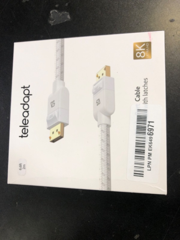 Photo 1 of TeleAdapt DisplayPort 1.4 Cotton-Braided Cable, 8K@60Hz, 5K@60Hz 4K@120Hz and HDR Support. Suitable for Laptop, PC, Projector, TV, Gaming Monitor. Black, 6.6ft (2 Metres) White