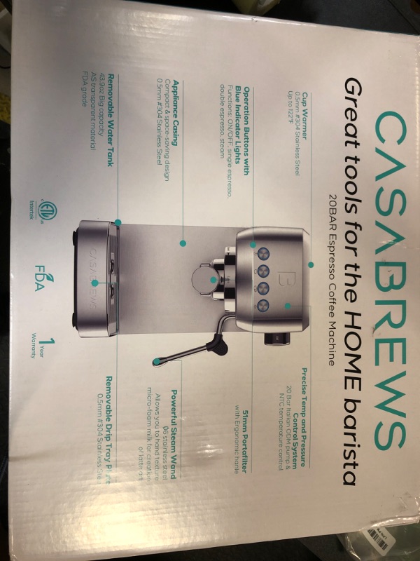 Photo 1 of CASABREWS 3700 Essential Espresso Machine 20 Bar, Stainless Steel Cappuccino & Latte Machine with Steam Frother for Home, 43.9oz Water Tank, Silver
