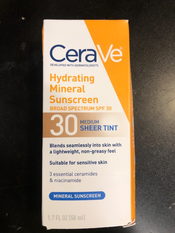Photo 1 of CeraVe Hydrating Mineral Sunscreen SPF 30 with Sheer Tint, Tinted Mineral Sunscreen with Zinc Oxide & Titanium Dioxide, Blends Seamlessly For Healthy Glow, Medium, 1.7 Fluid Ounce