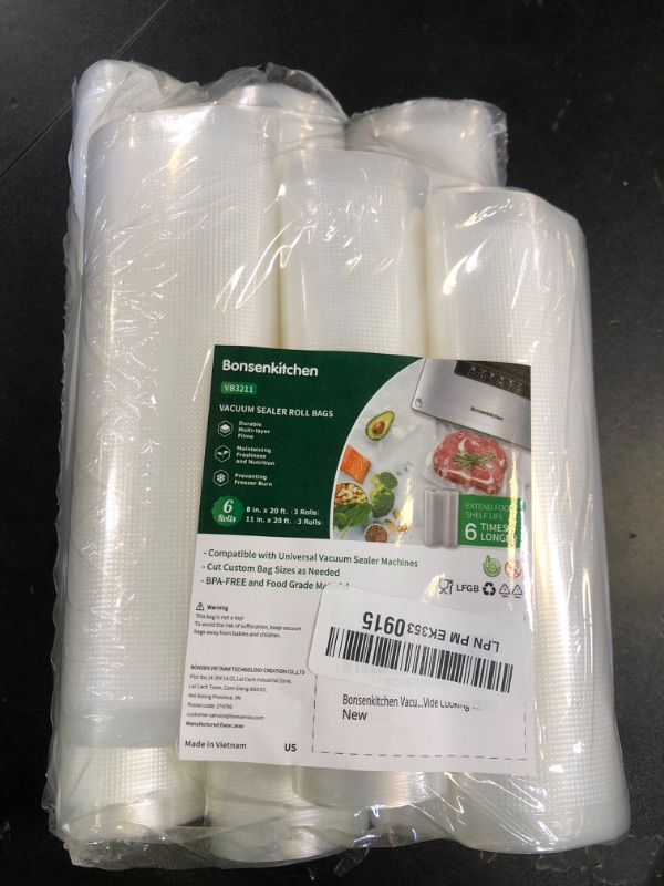 Photo 1 of Bonsenkitchen Vacuum Sealer Rolls Bags, 6 Pack 3 Rolls 11" x 20' + 3 Rolls 8" x 20' Commercial Grade BPA Free Bag Rolls, Durable Customized Size Food Vac Bags for Storage and Sous Vide Cooking VB3211