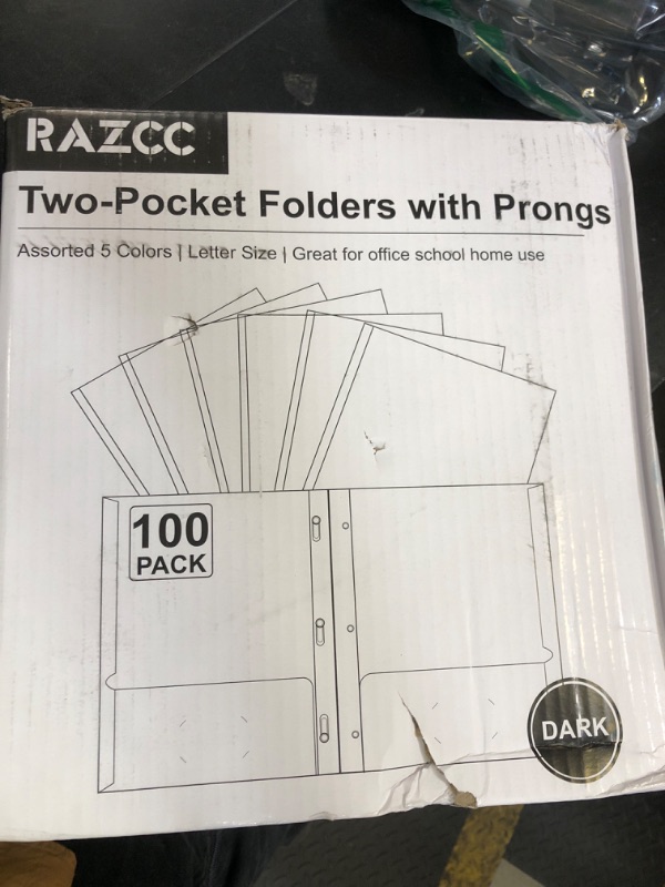 Photo 1 of Two Pocket Folders, RAZCC 100 Pack Two Pocket with Prongs, 3 Prong Pocket Folders Letter Size, Paper Folders with Prongs for School Office Home Business, Assorted 5 Colors