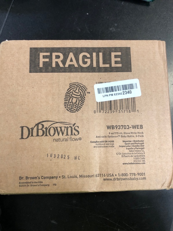 Photo 1 of Dr. Brown's Natural Flow Anti-Colic Options+ Wide-Neck Glass Baby Bottles 9 oz/270 mL, with Level 1 Slow Flow Nipple, 3 Pack, 0m+