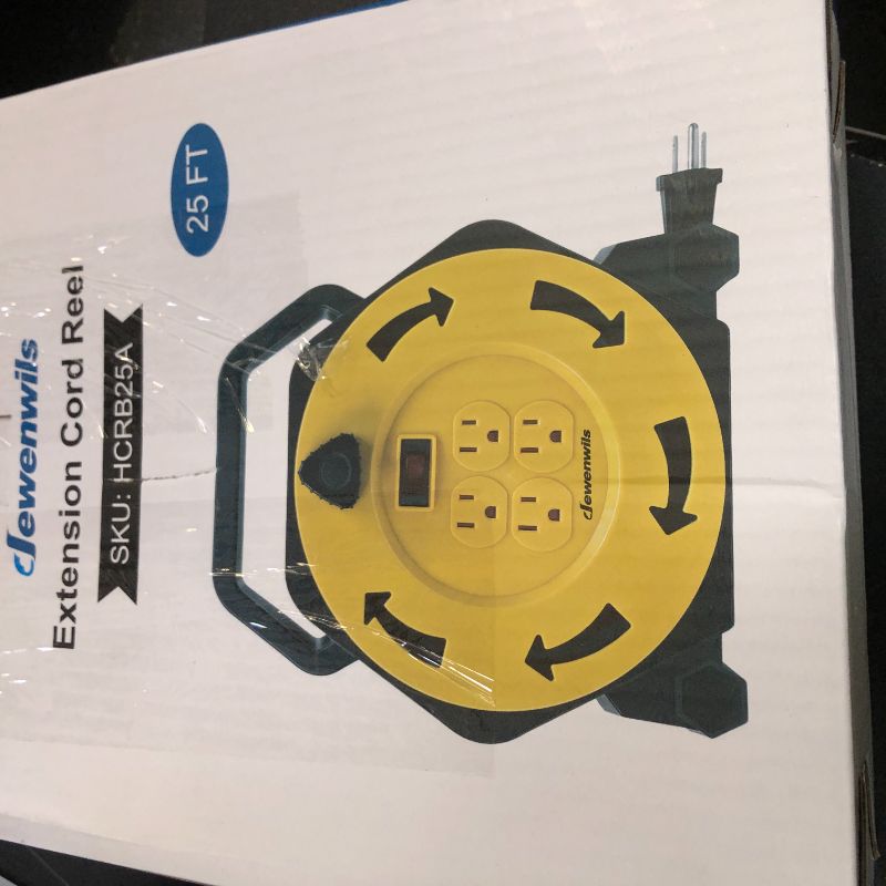 Photo 1 of DEWENWILS Extension Cord Reel with 25 FT Power Cord, Hand Wind Retractable, 16/3 AWG SJTW, 4 Grounded Outlets, 13 Amp Circuit Breaker, Yellow, Black, UL Listed