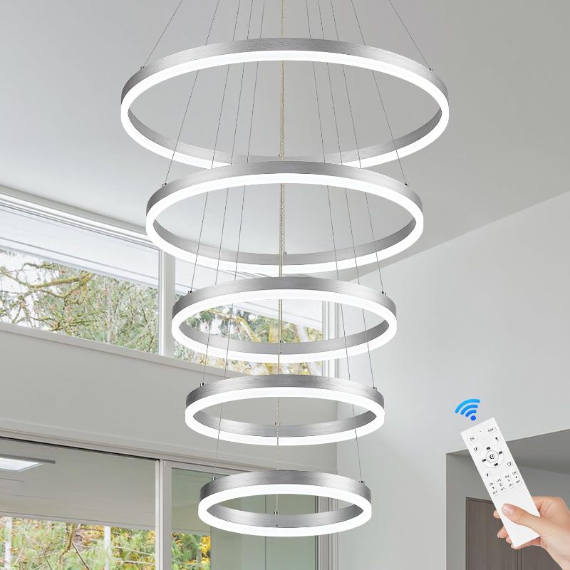 Photo 1 of 5-Rings Modern LED Chandelier Silver High Ceiling Chandelier with Remote Control Dimmable Pendant Lighting for Dining Room Foyer Living Room Entryway Staircase(3000K-6500K, D23.6’’)