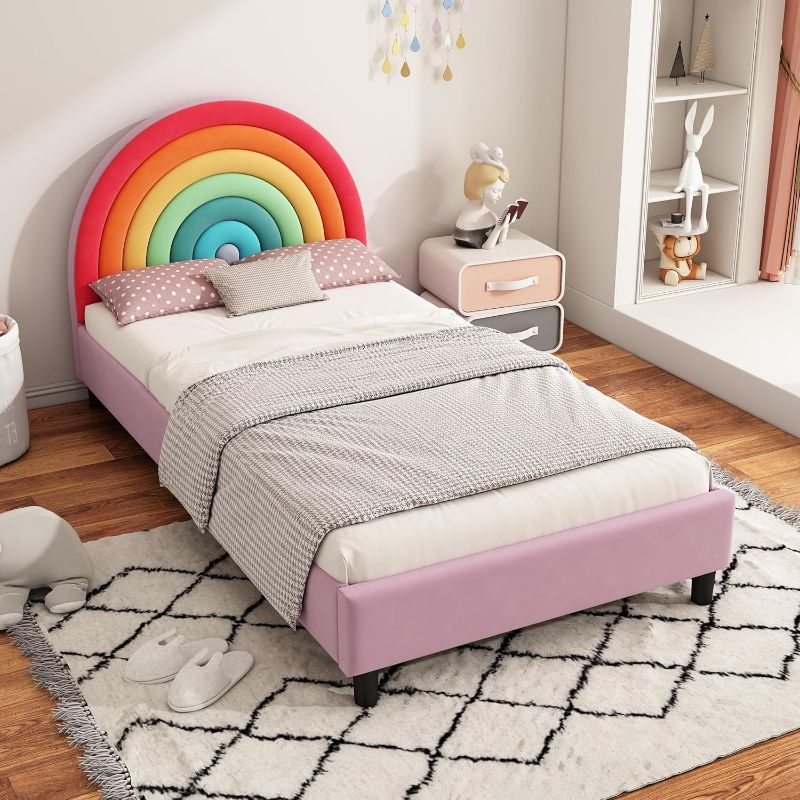 Photo 1 of Rainbow Design Upholstered Twin Platform Bed Cute Style Princess Bed for Boys & Girls, Teens, Colorful & Pink