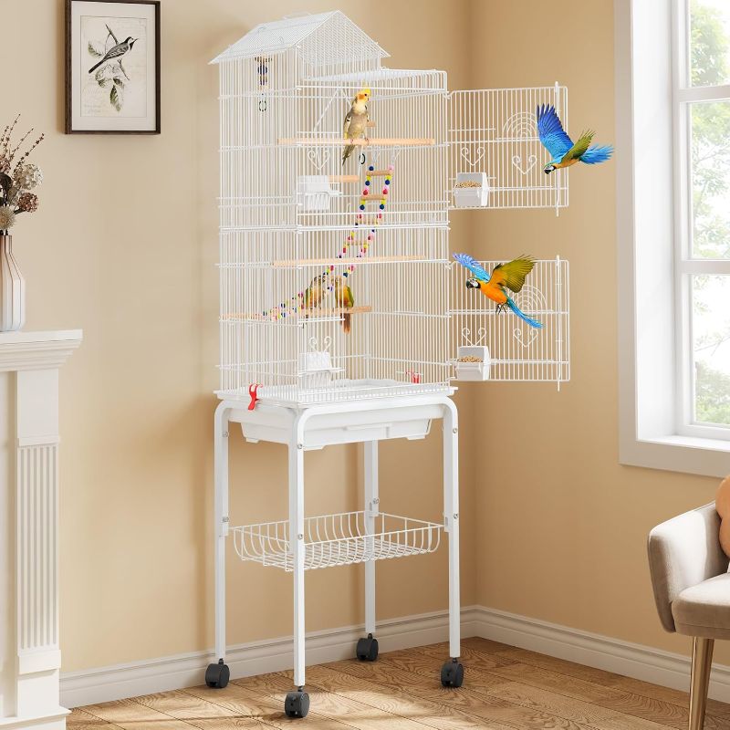 Photo 1 of YITAHOME 62 inch Metal Bird Cage, Large Parakeet Cages for Parrot, Cockatiel, Lovebird, Pigeon with Roof Top, Rolling Stand and Hanging Accessories, White