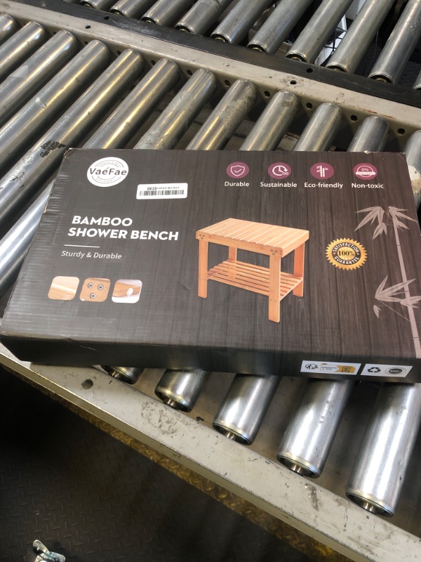 Photo 1 of VaeFae Bamboo Shower Bench, Spa Bench Wood Seat Stool, Foot Rest Shaving Stool with Non-Slip Feets and Storage Shelf, Works in Bathroom/Living Room/Bedroom/Garden Leisure