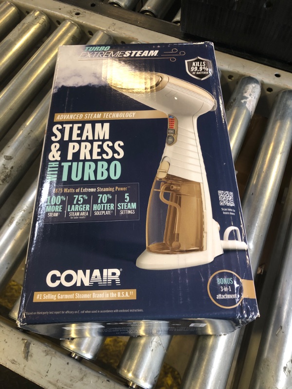Photo 1 of Conair Handheld Garment Steamer for Clothes, Turbo ExtremeSteam 1875W Fabric Steamer, Portable Handheld Design, Strong Penetrating Steam, Amazon Exclusive, White/Champagne