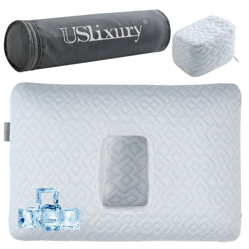 Photo 1 of USlixury Piercing Pillow with Foam Plug - Piercing Pillow with Off Center and 4.7"X3.2" Ear Hole, Soft CertiPUR-US Memory Foam, Firm Support for Side Sleepers, Cooling, Traveling, 16"X11"X4''
