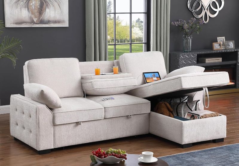 Photo 1 of L-Shaped Reversible Sleeper Sectional Sofa, Modern Chenille Upholstered Button Tufted L-Shaped Corner Pull Out Sleeper Sofa Bed W/Storage Chaise, Drop-Down Cupholders, USB-C Ports for Living Room
