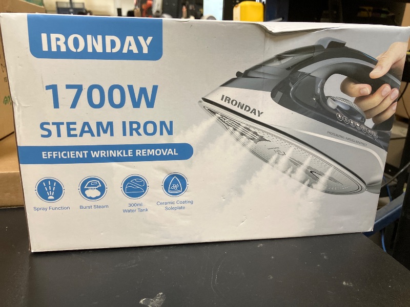 Photo 1 of IRONDAY 1700W Steam Iron for Clothes, Burst of Steam, Auto shutoff, Self-Cleaning, Ceramic Soleplate, 10.14oz Water Tank Ironing Clothes for All Home, Grey