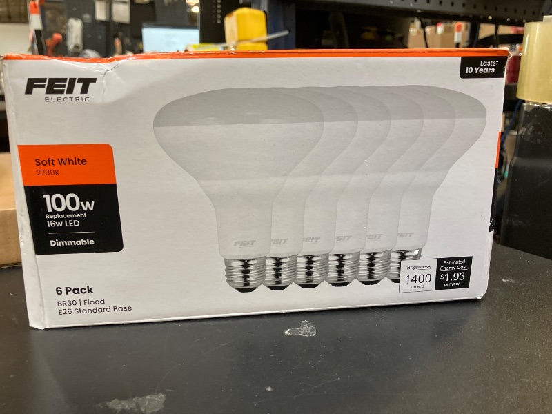 Photo 1 of Feit Electric BR30 LED Light Bulbs, 100W Equivalent, Dimmable, E26 Standard Base, 80 CRI, 1400 Lumens, 2700K Soft White, 120V, 10 Years Lifetime, Damp Rated, 6 Pack, 100BR30DM82710KLED/6