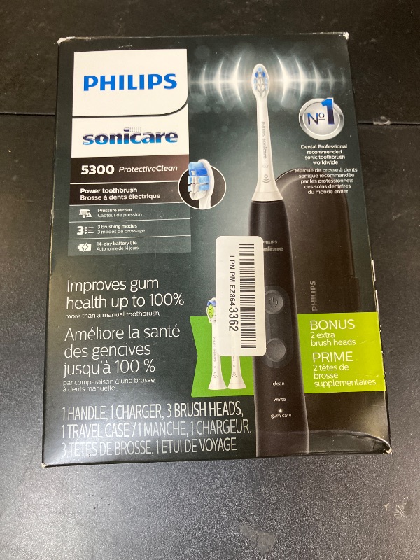 Photo 1 of Philips Sonicare ProtectiveClean 5300 Rechargeable Electric Toothbrush, with Pressure Sensor, 3 Cleaning Modes, SmarTimer and QuadPacer, with 2 Bonus Brush Heads, Travel Case, Black, Model HX6423/34
