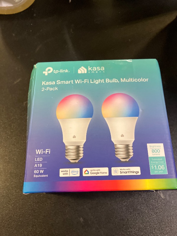 Photo 1 of Kasa Smart Light Bulbs, Full Color Changing Dimmable Smart WiFi Bulbs Compatible with Alexa and Google Home, A19, 60 W 800 Lumens,2.4Ghz only, No Hub Required, 2-Pack (KL125P2), Multicolor
