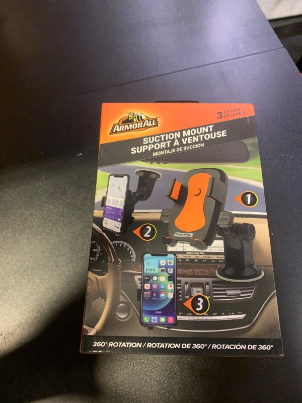 Photo 1 of Armor All Phone Mount for Cars, 3-in-1 Phone Holder, Suction Dashboard, Windshield, & Vent Mount, 360° Rotation, Fits iPhone Max, Android, and All Smartphones, 3.5” inch Grip, Quick Release Button