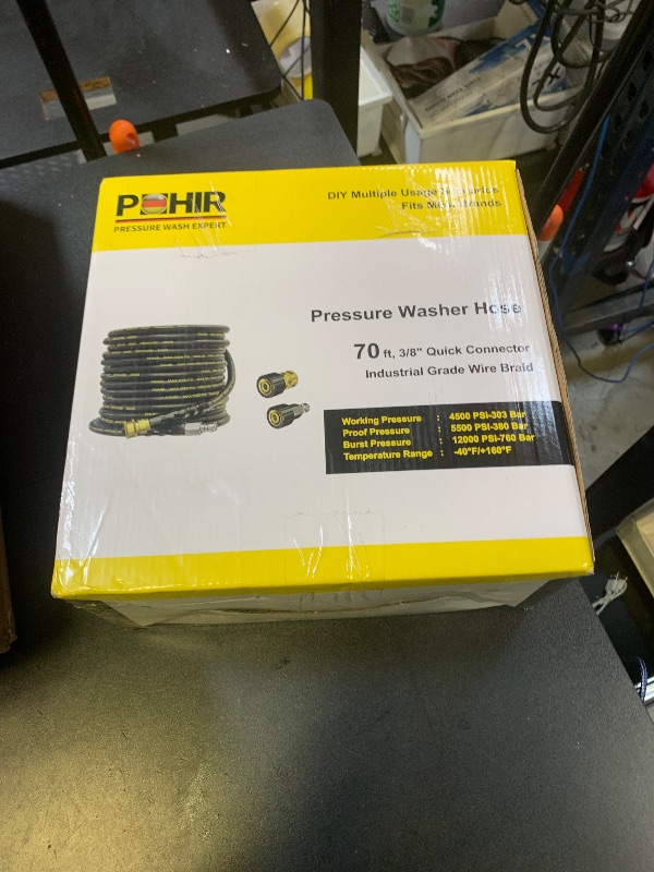 Photo 1 of POHIR Pressure Washer Hose 70ft with 3/8" Quick Connector, High Tensile Wire Braided Kink Resistant 1/4 Inch Power Washer Hose 4200 PSI, 2pcs M22 14mm to 3/8" Adapter Set, Multi-Scene Use