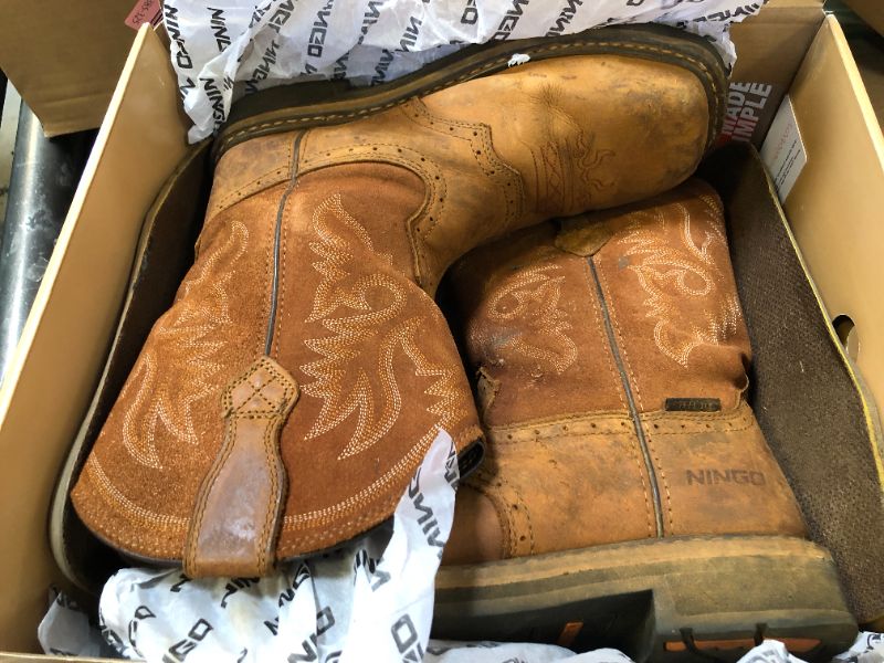 Photo 1 of 11--HISEA NINGO Men's Western Cowboy Boots Square Toe Steel Toe Work Boots Men's Slip On Pull On Leather Work Shoes Comfortable Safety Toe Footwear for Construction Farming Industrial, Steel Toe Brown
