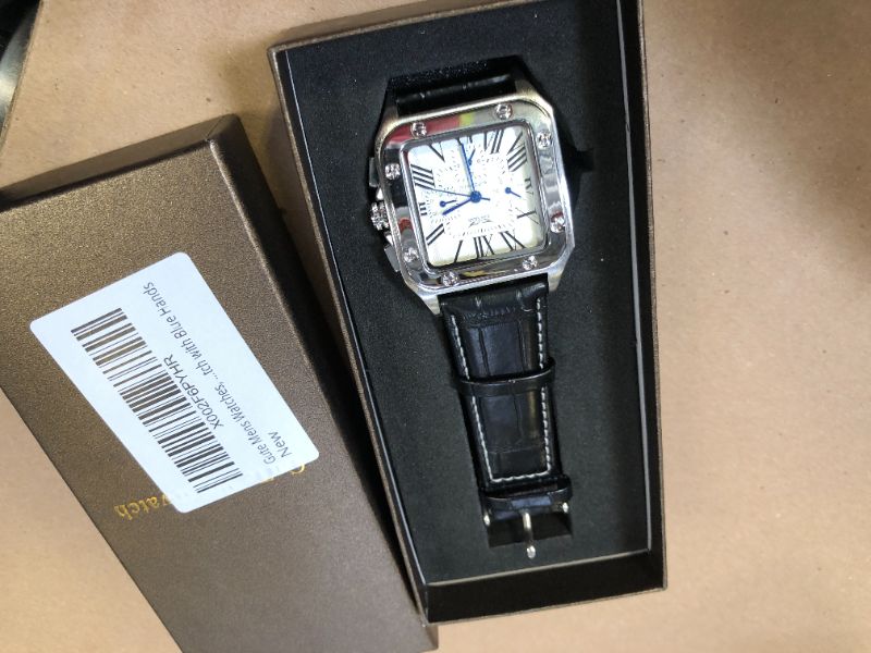 Photo 1 of Gute Mens Watches, Mechanical Calendar Automatic Self-Winding Roman Numeral PU Leather Wrist Watch with Blue Hands