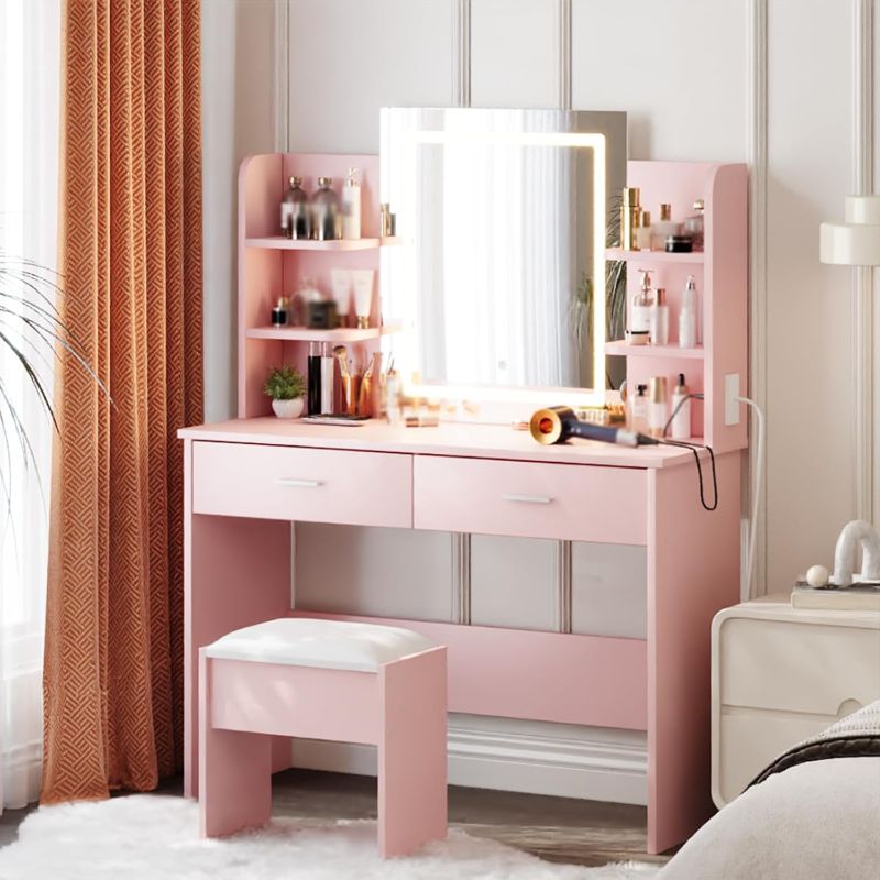 Photo 1 of Garvee Vanity Desk with Lights | Tri-Mode LED Lighted Mirror & Charging Station | Makeup Vanity Set with 6 Shelves, 2 Drawers, Soft Cushion Stool | Dimmable Vanity Desk for Bedroom (Pink)
