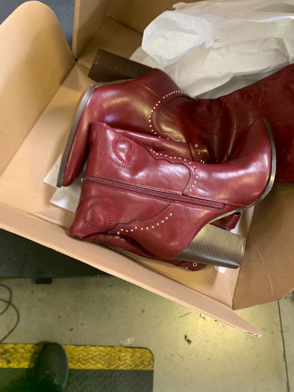 Photo 1 of VOMIRA Knee High Cowboy Boots for Women - Burgundy, Pointed Toe, Chunky High Heels, Pull-on, Embroidered, Western, Wide Calf, Cowgirl Boots