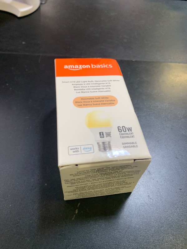 Photo 1 of Amazon Basics Smart A19 LED Light Bulb, Dimmable Soft White (2700K), 7.5W (60W Equivalent), 800LM, Works with Alexa Only, 2.4 GHz Wi-Fi, No Hub Required, 1 Pack