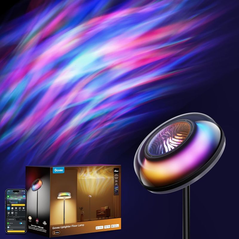 Photo 1 of Govee Uplighter Floor Lamp for Living Room, RGBIC Ripple Projector, Floor Lamp for Bedroom Works with Matter, 215 ft² Light Area, 1000lm LED Modern Corner Floor Light, Warm Cool White Standing Lamp
