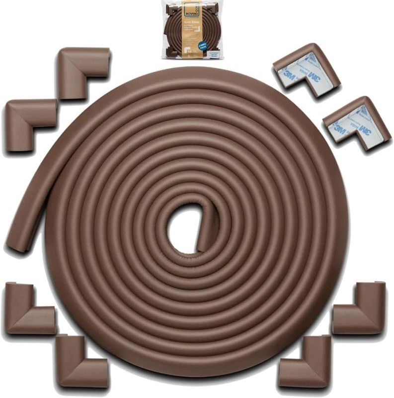 Photo 1 of Roving Cove Baby Proofing Edge Corner Protector (18ft Edge + 8 Corners), Heavy-Duty, Soft NBR Rubber Foam, Furniture Bumper Guards, 3M Pre-Taped Corners, Coffee Brown
