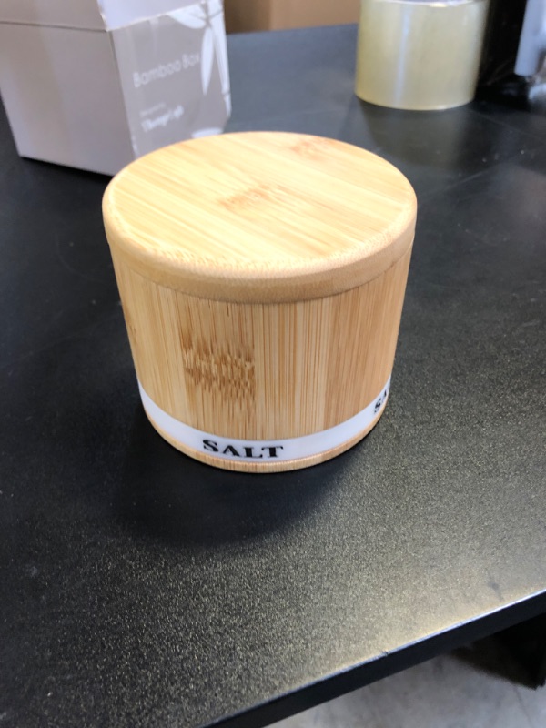 Photo 1 of Salt Box Bamboo Salt Container with Swivel Lid with Magnetic to Easily Open and Seal Salt Cellar With Spoon for Storing Salt Pepper Sugar Herbs Small Spice Box
