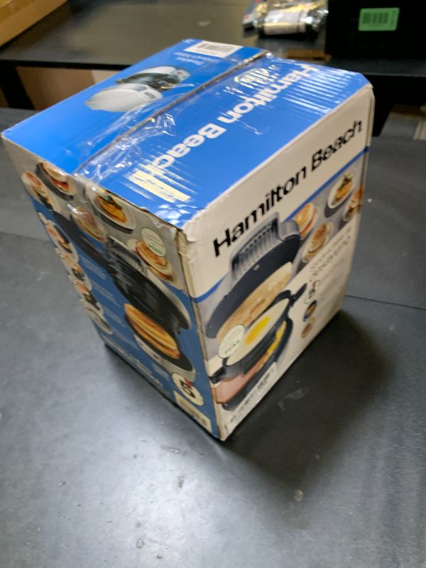 Photo 1 of Hamilton Beach Breakfast Sandwich Maker with Egg Cooker Ring, Customize Ingredients, Perfect for English Muffins, Croissants, Mini Waffles, Perfect White Elephant Gifts, Silver (25475)