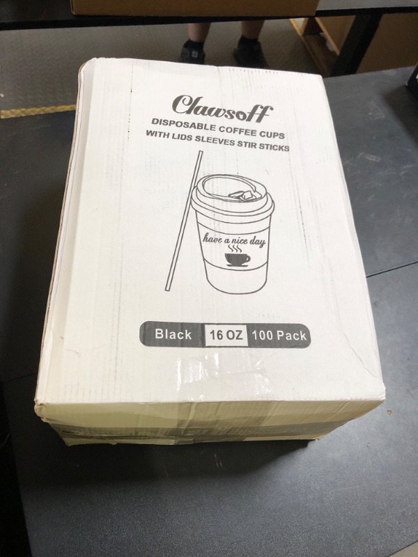Photo 1 of Clawsoff 100 Pack 16 oz Coffee Cups with Lids, Disposable To Go Paper Coffee Cups with Sleeves and Stirring Sticks for Hot/Cold Drinks Office Home Shop Event (Black)