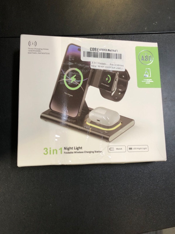 Photo 1 of 3 in 1 Foldable Charging Station for Apple Products,Fast Wireless Charger Travel Dock Adapter&Light for iPhone 16/15/14/13/12/11/X/XS,for iWatch 10/9/8/7/Ultra2/Ultra/SE,for AirPods 4/3/2/Pro/2(White)
