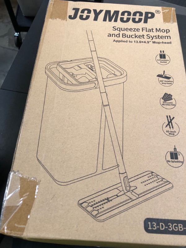Photo 1 of JOYMOOP Mop and Bucket with Wringer Set, Hands Free Flat Floor Mop and Bucket, 60" Mop with 3 Reusable Microfiber Pads, Wet and Dry Use, Floor Cleaning System