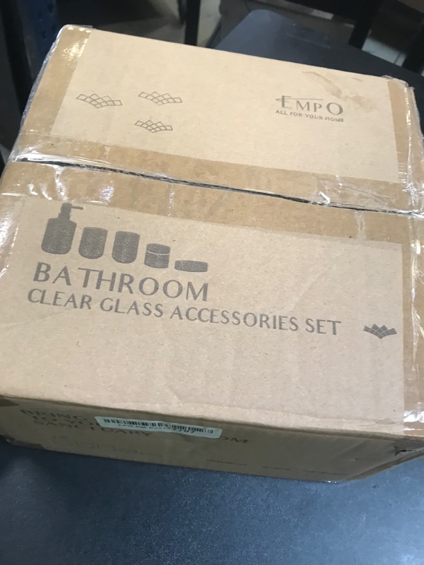 Photo 1 of EMPO 6PCS Bathroom Clear Glass Accessories Set (Lotion Soap Dispenser, Soap Dish, Toothbrush Holder, Tumbler, Cotton Swab Jar) Contemporary Modern Decor Crystal Clear Vintage Gift (6pcs Gray)