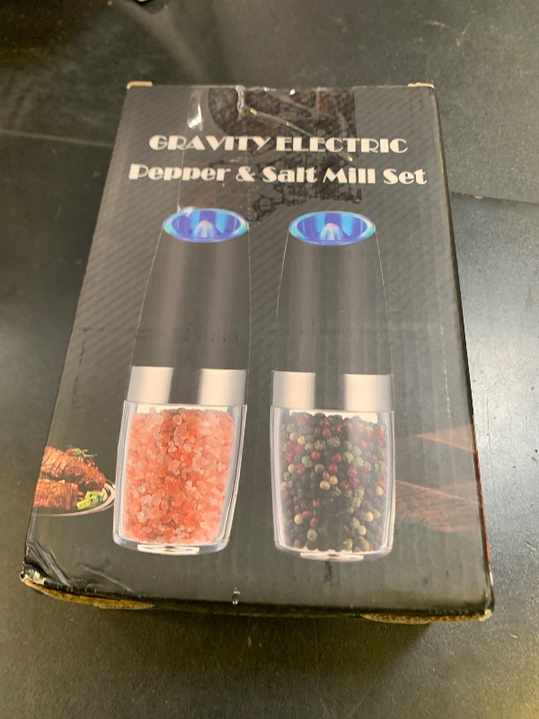 Photo 1 of Gravity Electric Pepper and Salt Grinder Set, Adjustable Coarseness, Battery Powered with LED Light, One Hand Automatic Operation, Black-2 Pack