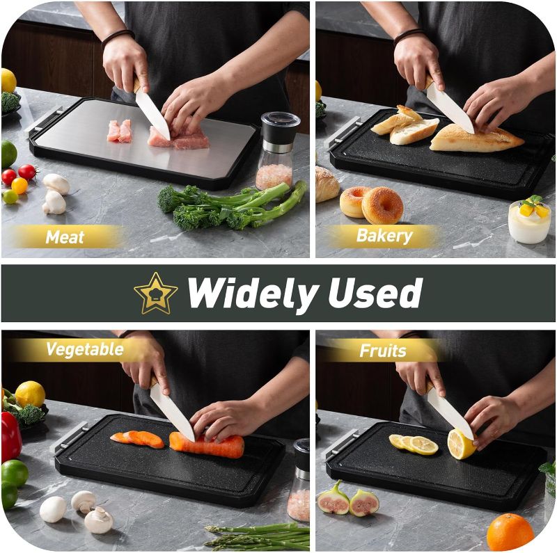 Photo 1 of Socisen Stainless Steel Cutting Board, Non Toxic Cutting Board for Kitchen, Double Sided Chopping board Stainless Steel/Wheat Straw PP Large Chopping Meat/Vegetables 16 * 11 Inch Easy to Clean
