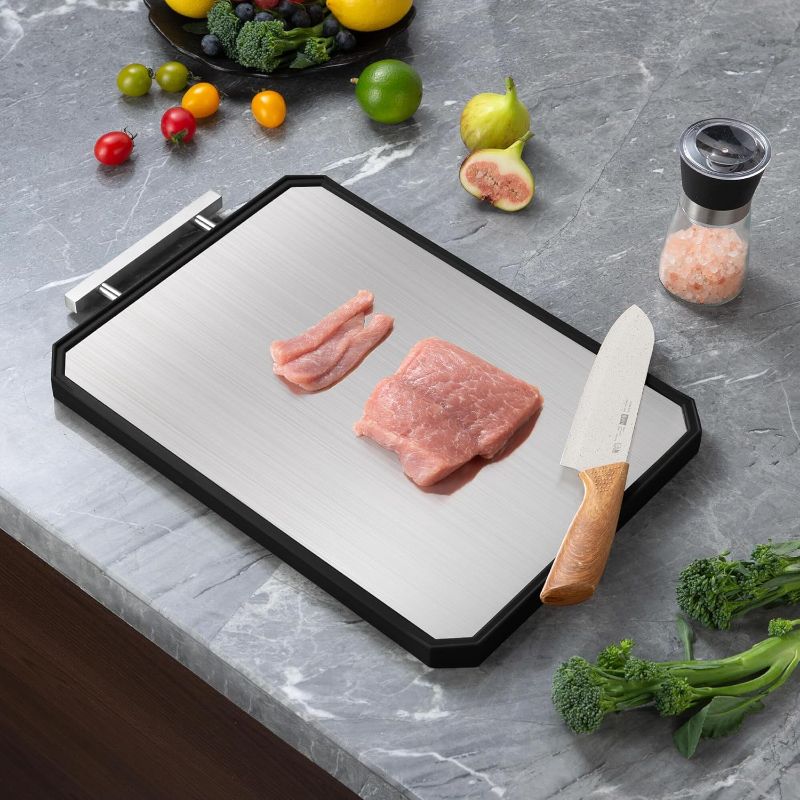 Photo 1 of Socisen Stainless Steel Cutting Board, Non Toxic Cutting Board for Kitchen, Double Sided Chopping board Stainless Steel/Wheat Straw PP Large Chopping Meat/Vegetables 16 * 11 Inch Easy to Clean