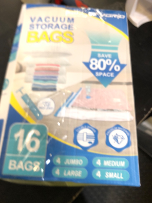 Photo 1 of Fygrip 16 Pack Vacuum Storage Bags with Hand Pump, 4 Jumbo + 4 Large + 4 Medium + 4 Small Plastic Packaging Bags, 80% Space Saver Vacuum Seal Bags for Clothing, Travel Lugggage, Blankets, Comforters
