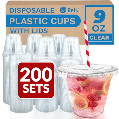 Photo 1 of Reli. Plastic Cups with Lids 9 Oz (200 Sets) | Clear Plastic Cups with Lids | 9 Oz Disposable PET Bulk | PET Container Clear with Flat Tops for Party,
