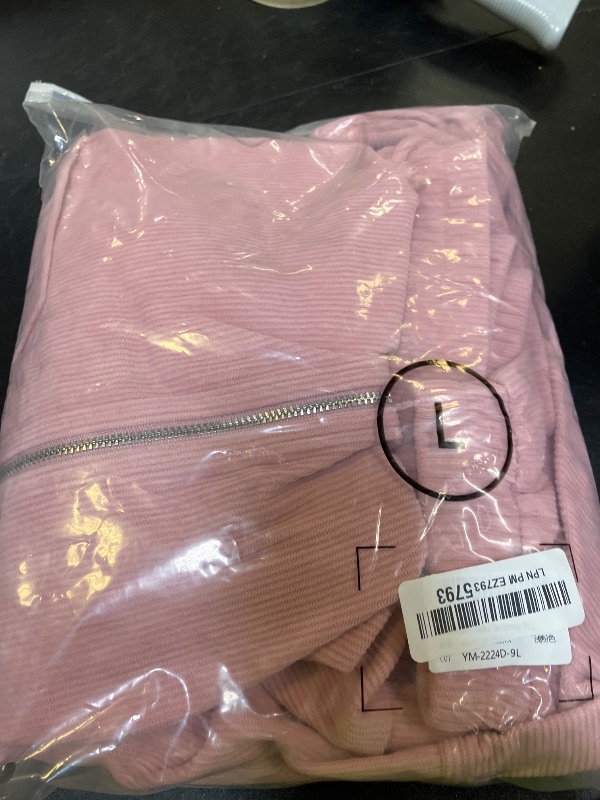 Photo 1 of VICHYIE Corduroy Shirt Drawstring Hooded Pocket Zip Up Jacket Loose Shacket Coat Long Sleeve Fall Tops Outerwear Pink L