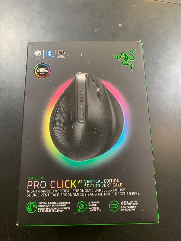 Photo 1 of Razer Pro Click V2 Vertical Wireless Mouse: 6 Button Ergonomic Design - One Click AI Prompt - Supports Windows & Mac - Multi Device Connectivity via 2.4GHz, Bluetooth, or USB C Wired Mode - Chroma RGB
