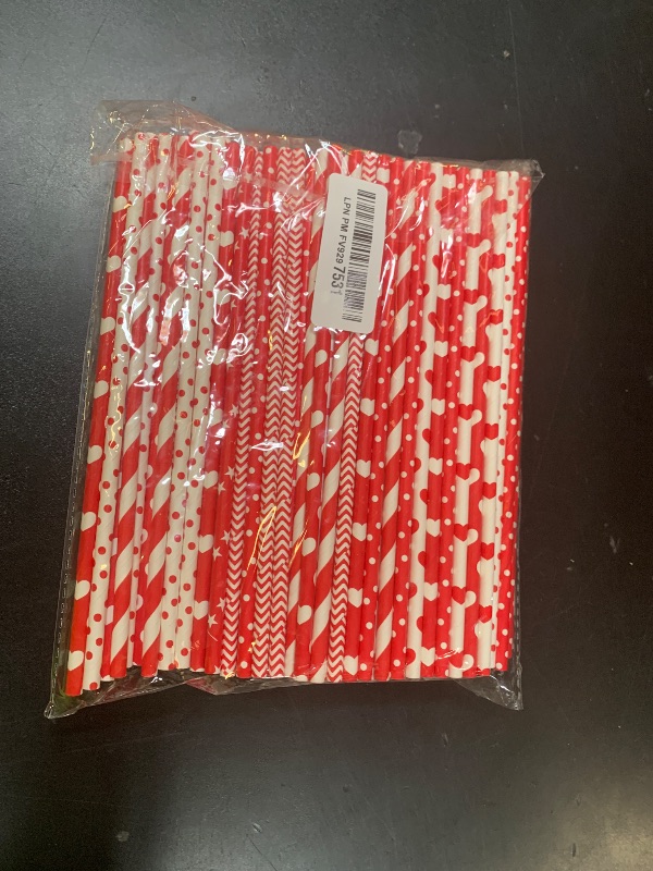 Photo 1 of [140 Pack] PakTalk Valentine Straws, 7 Assorted Red and White Straws Red White Striped Dot Wave Star Paper Straws Disposable for Valentines, Wedding, New Year, Christmas, Party (0.24''*8.27'')